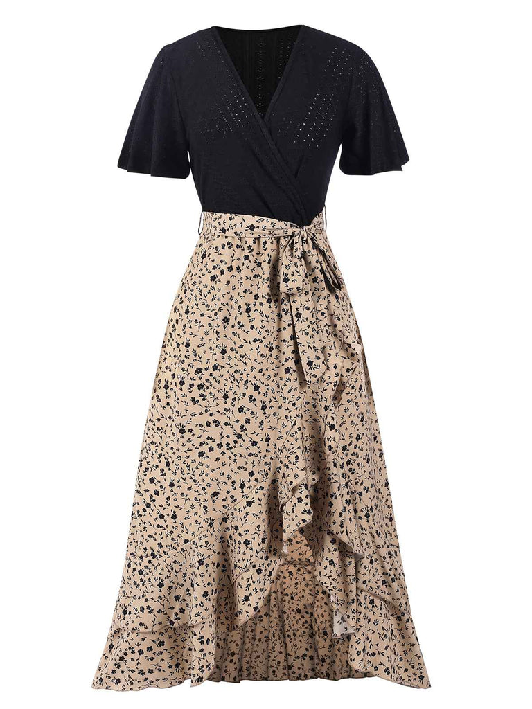 1930s Wrap V-Neck Patchwork Ruffle Dress, vintage dress, retro fashion - perfect for women who love vintage and retro fashion