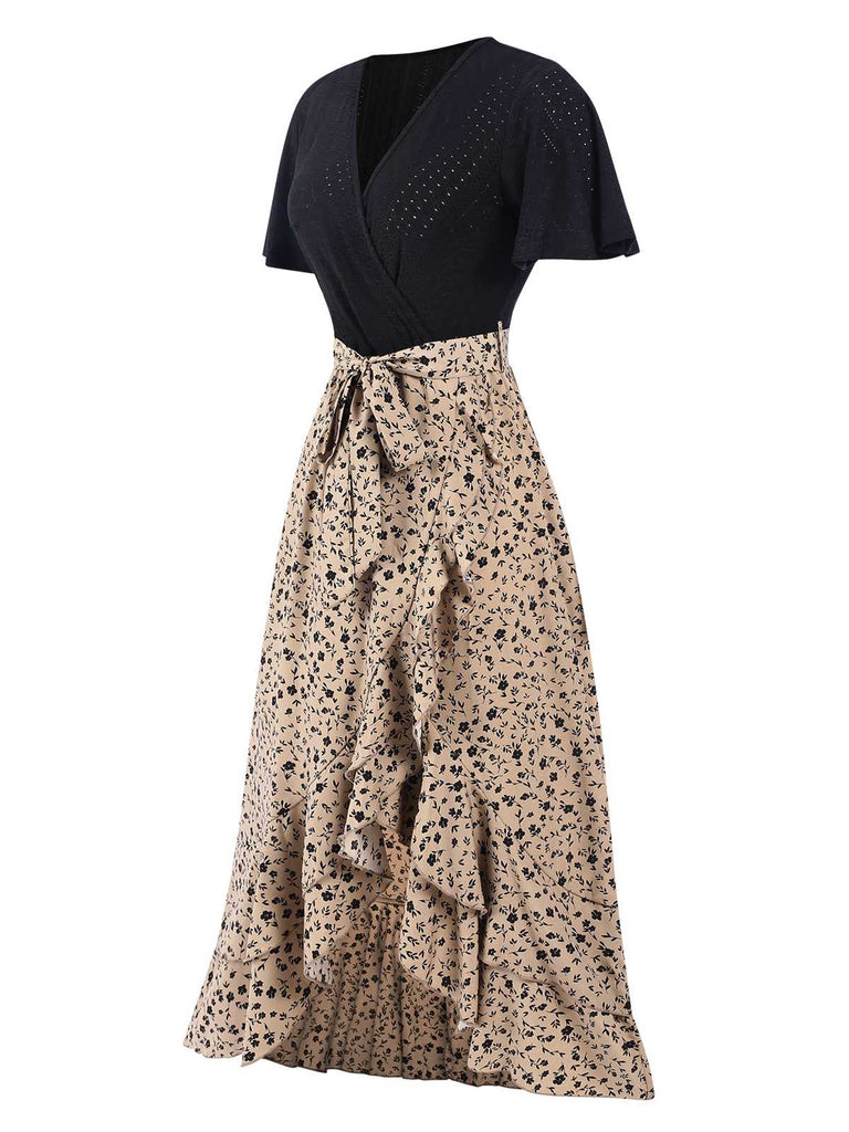 1930s Wrap V-Neck Patchwork Ruffle Dress, vintage dress, retro fashion - perfect for women who love vintage and retro fashion