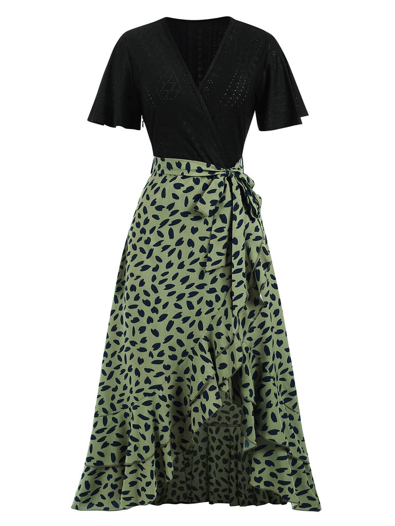 1930s Wrap V-Neck Patchwork Ruffle Dress, vintage dress, retro fashion - perfect for women who love vintage and retro fashion