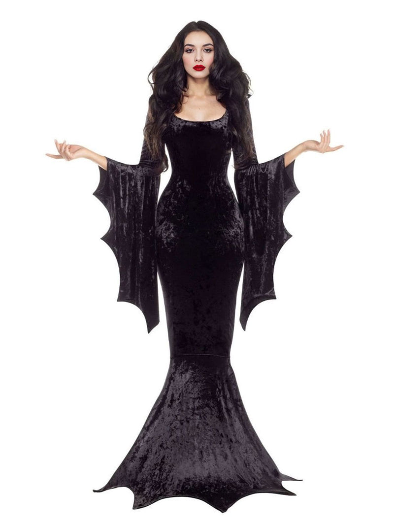 velvet witch dress 1930s Halloween Batwing Sleeve Mermaid Neck Long bell sleeves Color:Dark navy Rick Owens Seb Gown, 45
