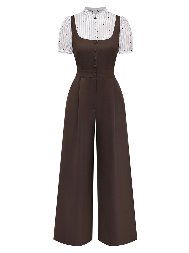 Brown jumpsuit with a white blouse on a white background