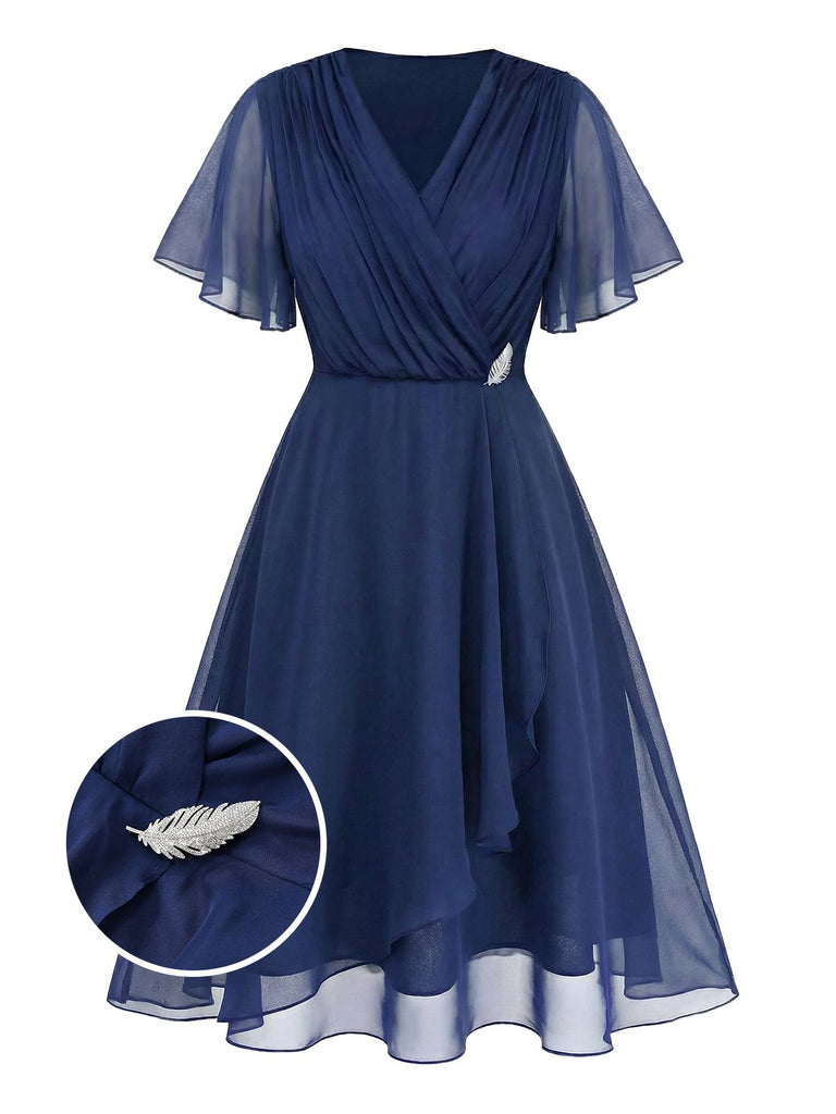 Navy Blue 1940S Wrap V-neck Short-Sleeve Brooch Chiffon Dress - vintage dress, retro fashion