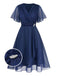 Navy Blue 1940S Wrap V-neck Short-Sleeve Brooch Chiffon Dress - vintage dress, retro fashion