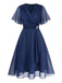 Navy Blue 1940S Wrap V-neck Short-Sleeve Brooch Chiffon Dress - vintage dress, retro fashion