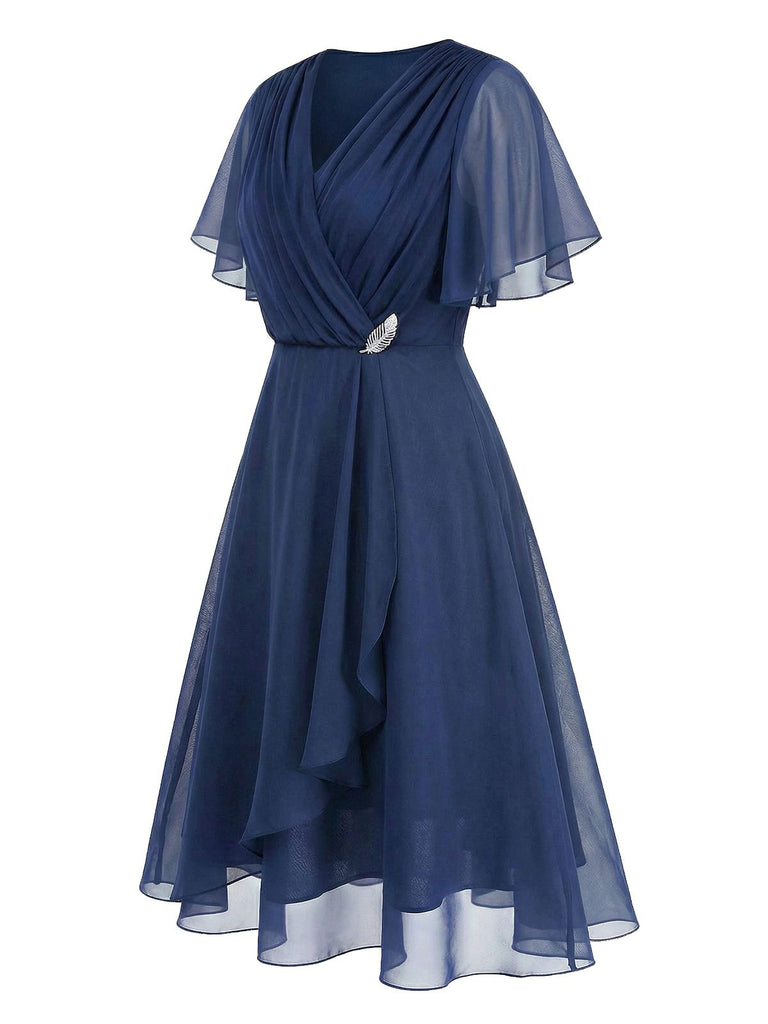 Navy Blue 1940S Wrap V-neck Short-Sleeve Brooch Chiffon Dress - vintage dress, retro fashion