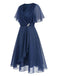 Navy Blue 1940S Wrap V-neck Short-Sleeve Brooch Chiffon Dress - vintage dress, retro fashion