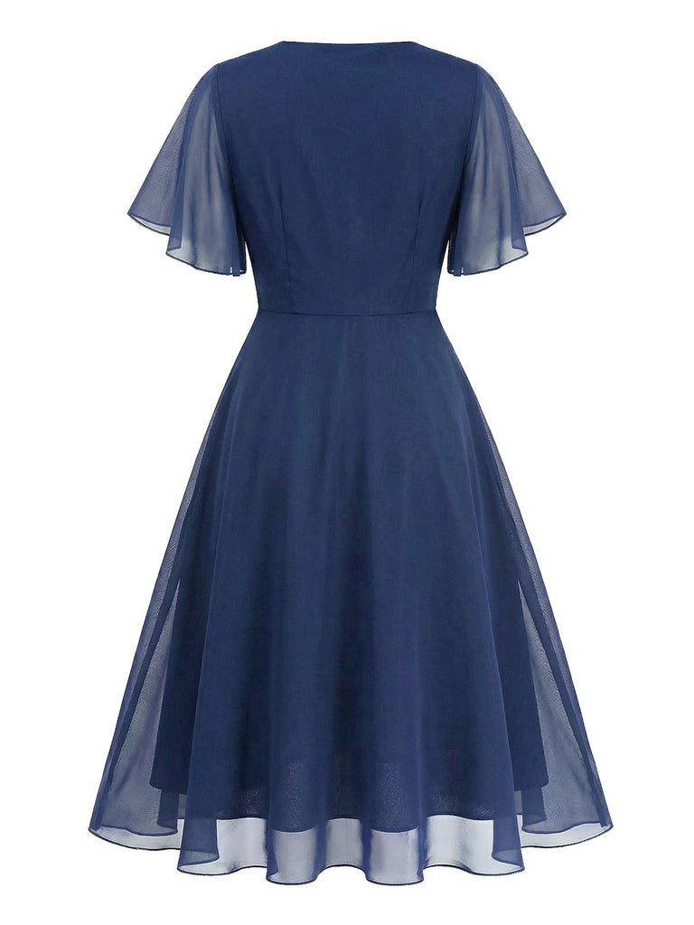 Navy Blue 1940S Wrap V-neck Short-Sleeve Brooch Chiffon Dress - vintage dress, retro fashion