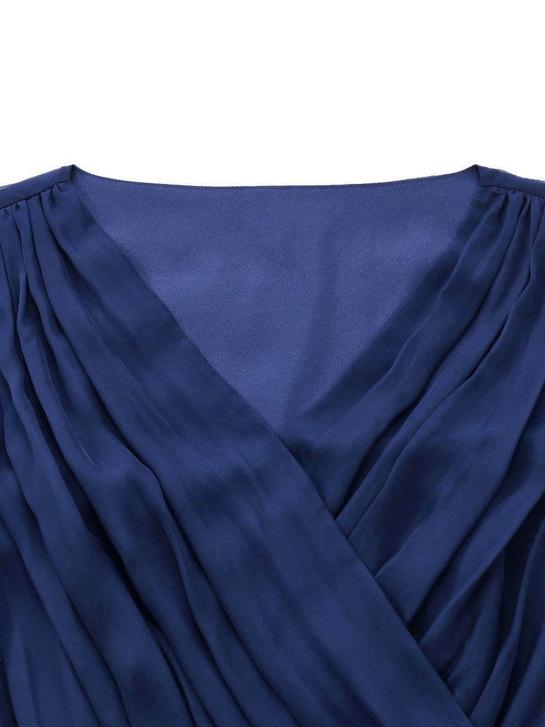 Navy Blue 1940S Wrap V-neck Short-Sleeve Brooch Chiffon Dress - vintage dress, retro fashion