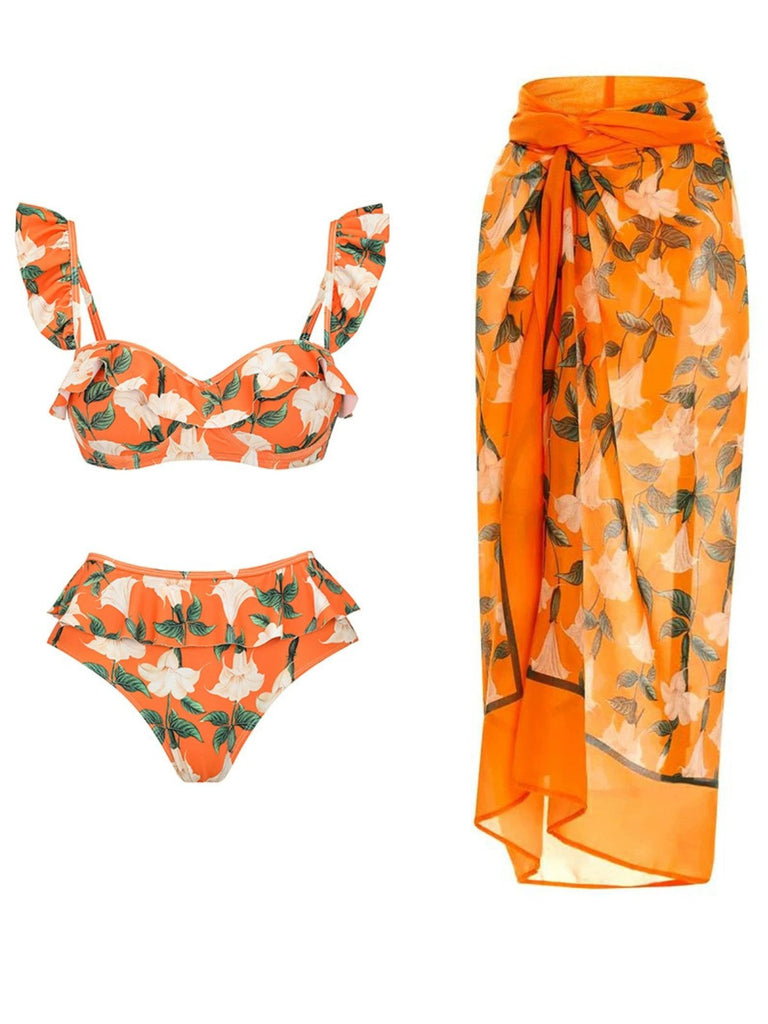 2PCS Orange 1940s Ruffle Floral Bikini Set & Cover Up - vintage fashion, retro style