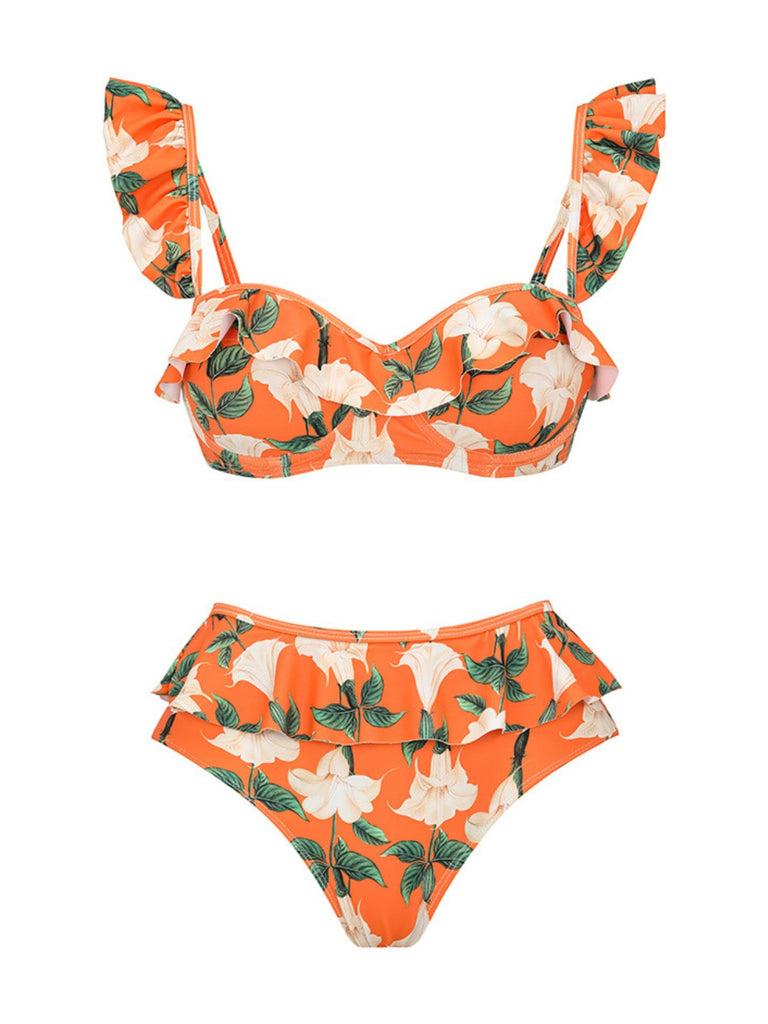 2PCS Orange 1940s Ruffle Floral Bikini Set & Cover Up - vintage fashion, retro style