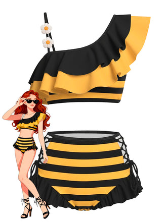 1940s Bee Stripes 3D Daisy Ruffle Bikini Set - vintage fashion, retro style