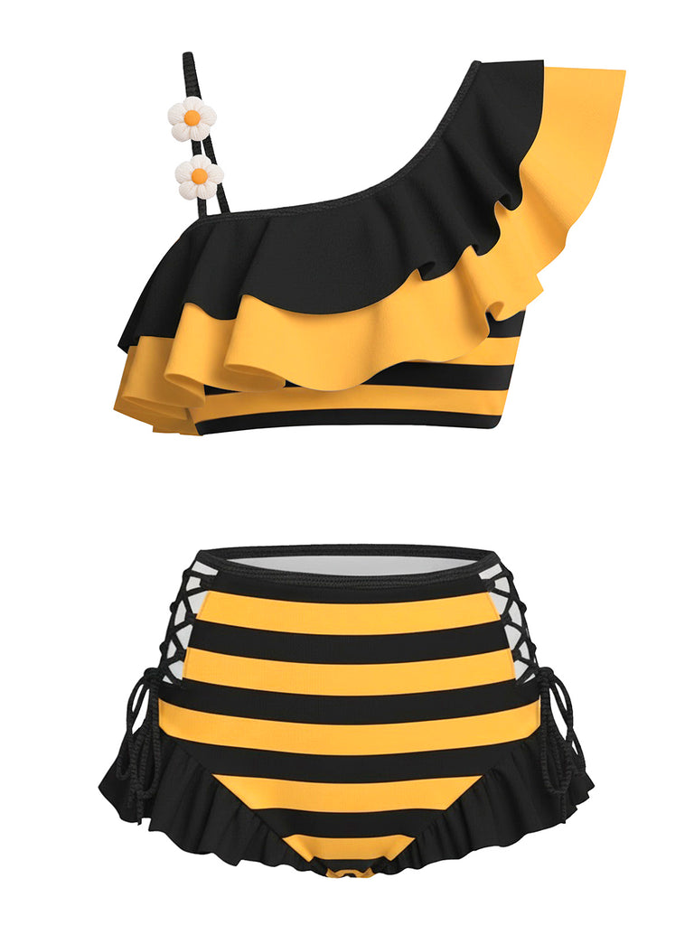 1940s Bee Stripes 3D Daisy Ruffle Bikini Set - vintage fashion, retro style