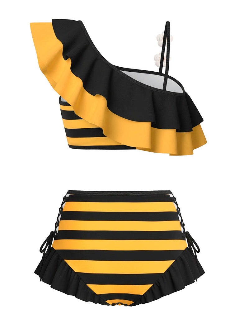 1940s Bee Stripes 3D Daisy Ruffle Bikini Set - vintage fashion, retro style