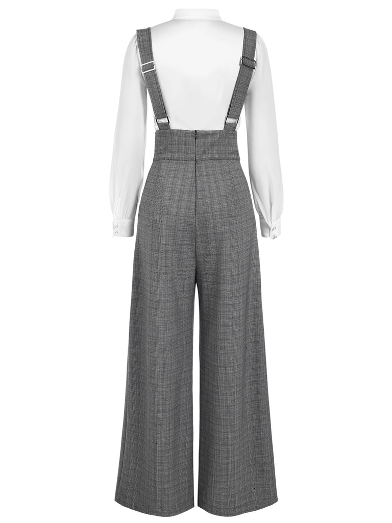 2PCS 1940s Satin Puff Sleeve Blouse & Glen Plaid Overall Pants - vintage fashion, retro style