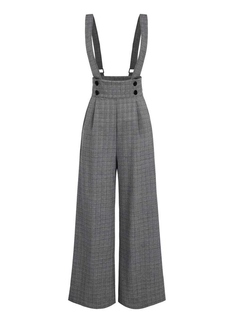 2PCS 1940s Satin Puff Sleeve Blouse & Glen Plaid Overall Pants - vintage fashion, retro style