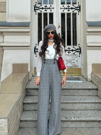 2PCS 1940s Satin Puff Sleeve Blouse & Glen Plaid Overall Pants - vintage fashion, retro style