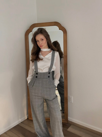 2PCS 1940s Satin Puff Sleeve Blouse & Glen Plaid Overall Pants - vintage fashion, retro style