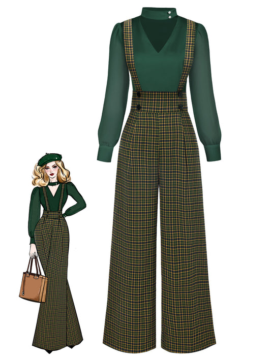 2PCS 1940s Satin Puff Sleeve Blouse & Glen Plaid Overall Pants - vintage fashion, retro style