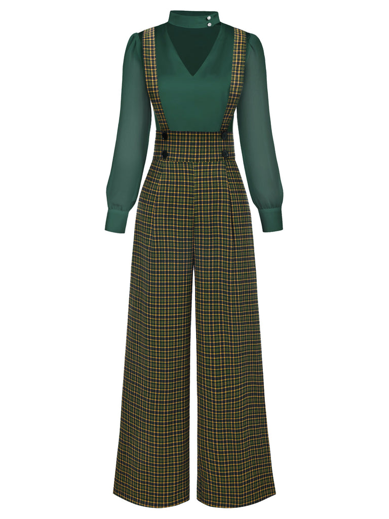 2PCS 1940s Satin Puff Sleeve Blouse & Glen Plaid Overall Pants - vintage fashion, retro style