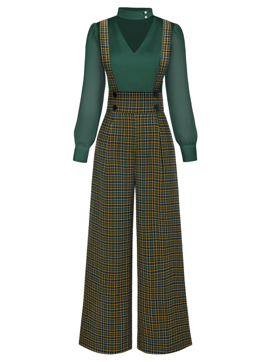 2PCS 1940s Satin Puff Sleeve Blouse & Glen Plaid Overall Pants - vintage fashion, retro style