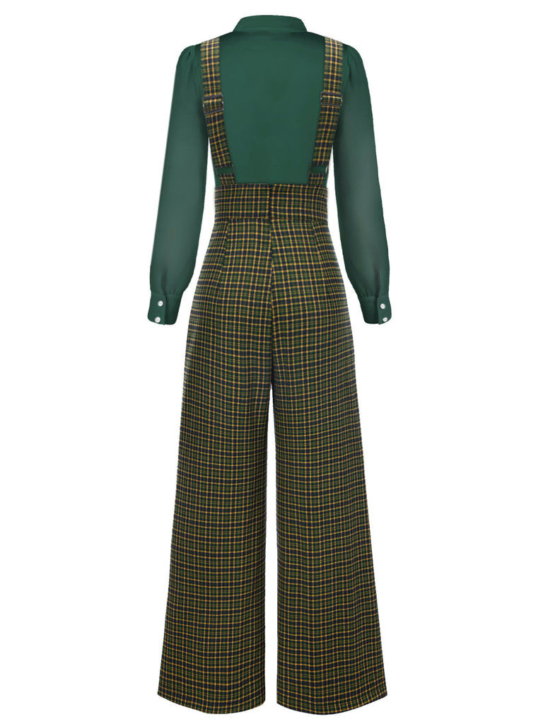 2PCS 1940s Satin Puff Sleeve Blouse & Glen Plaid Overall Pants - vintage fashion, retro style