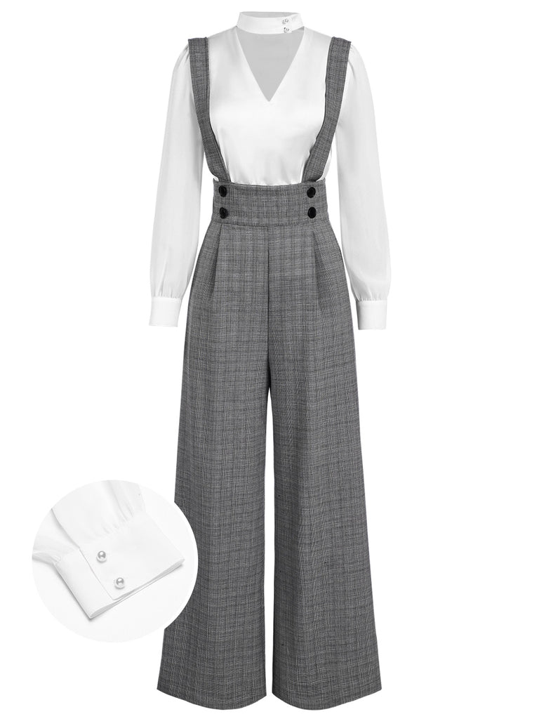 2PCS 1940s Satin Puff Sleeve Blouse & Glen Plaid Overall Pants - vintage fashion, retro style