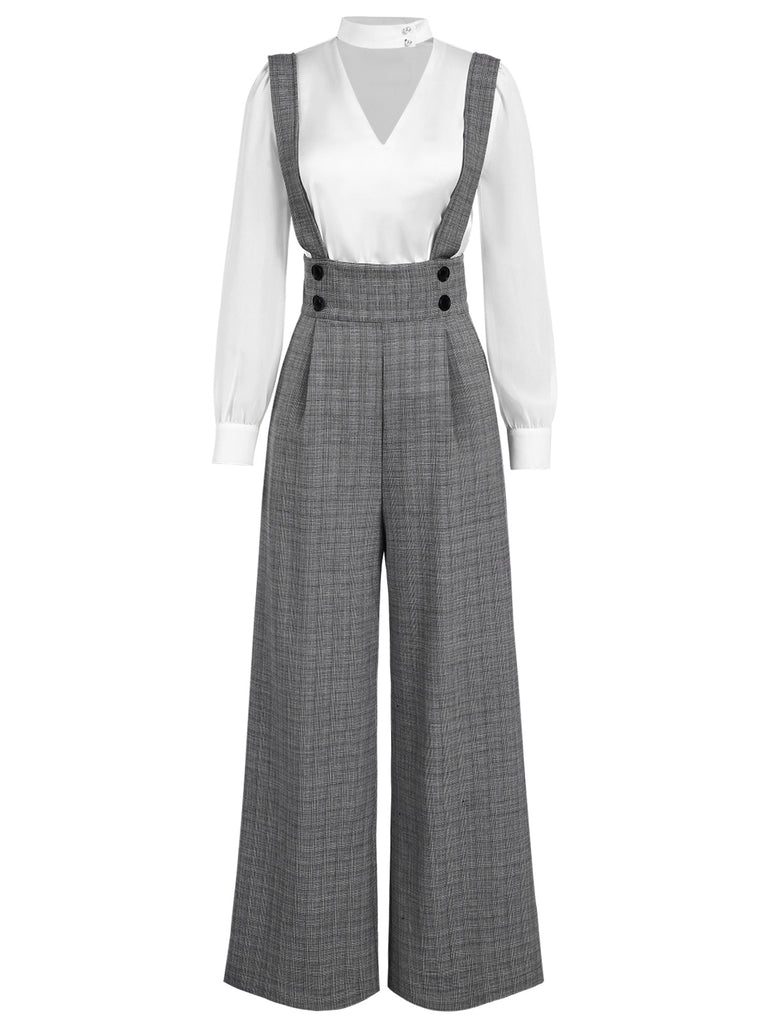 2PCS 1940s Satin Puff Sleeve Blouse & Glen Plaid Overall Pants - vintage fashion, retro style