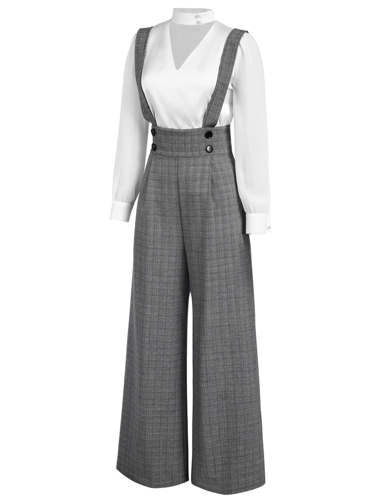 2PCS 1940s Satin Puff Sleeve Blouse & Glen Plaid Overall Pants - vintage fashion, retro style