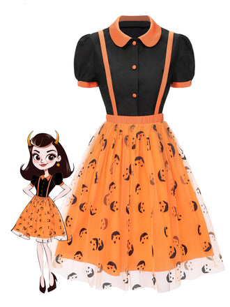 2PCS 1940s Halloween Peter Pan Collar Blouse & Smiley Face Mesh Skirt - vintage skirt, retro style
