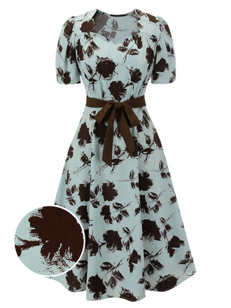1940s Blue Floral Dress With Bow Belt, vintage dress, retro fashion, floral print - perfect for women who love vintage and retro fashion