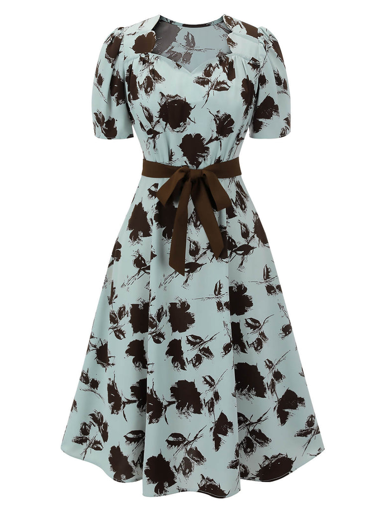 Retro Stage 1940s Blue Floral Dress With Bow Belt Light Blue
