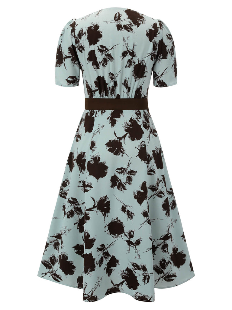 Retro Stage 1940s Blue Floral Dress With Bow Belt Light Blue