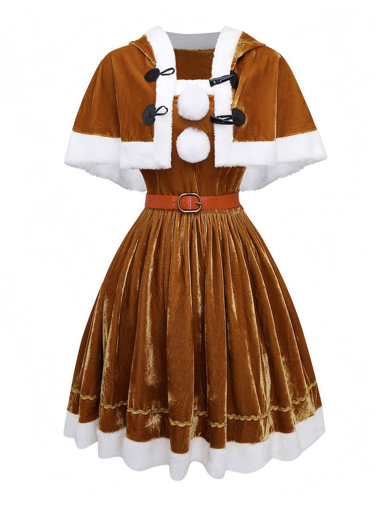5PCS Christmas Reindeer Dress Costume Set | Fur Trim Velvet Dress with Hooded Cape & Gloves & Headband & Belt | Womens 5PCS Christmas Reindeer Dress Costume Set | Fur Trim Velvet Dress with Hooded Cape & Gloves & Headband & Belt | Womens