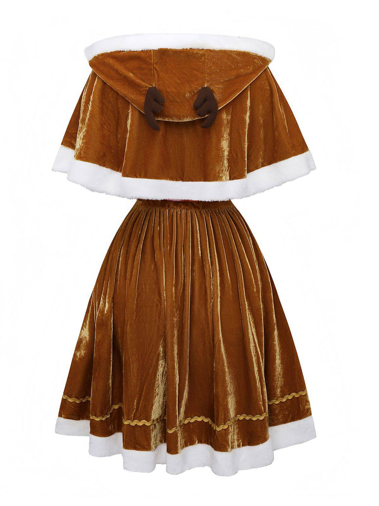 5PCS Christmas Reindeer Dress Costume Set | Fur Trim Velvet Dress with Hooded Cape & Gloves & Headband & Belt 5PCS Christmas Reindeer Dress Costume Set | Fur Trim Velvet Dress with Hooded Cape & Gloves & Headband & Belt
