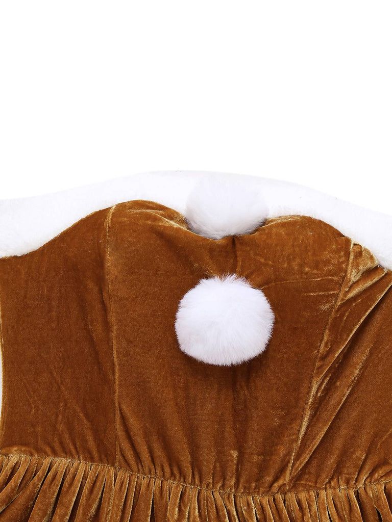 5PCS Christmas Reindeer Dress Costume Set | Fur Trim Velvet Dress with Hooded Cape & Gloves & Headband & Belt
