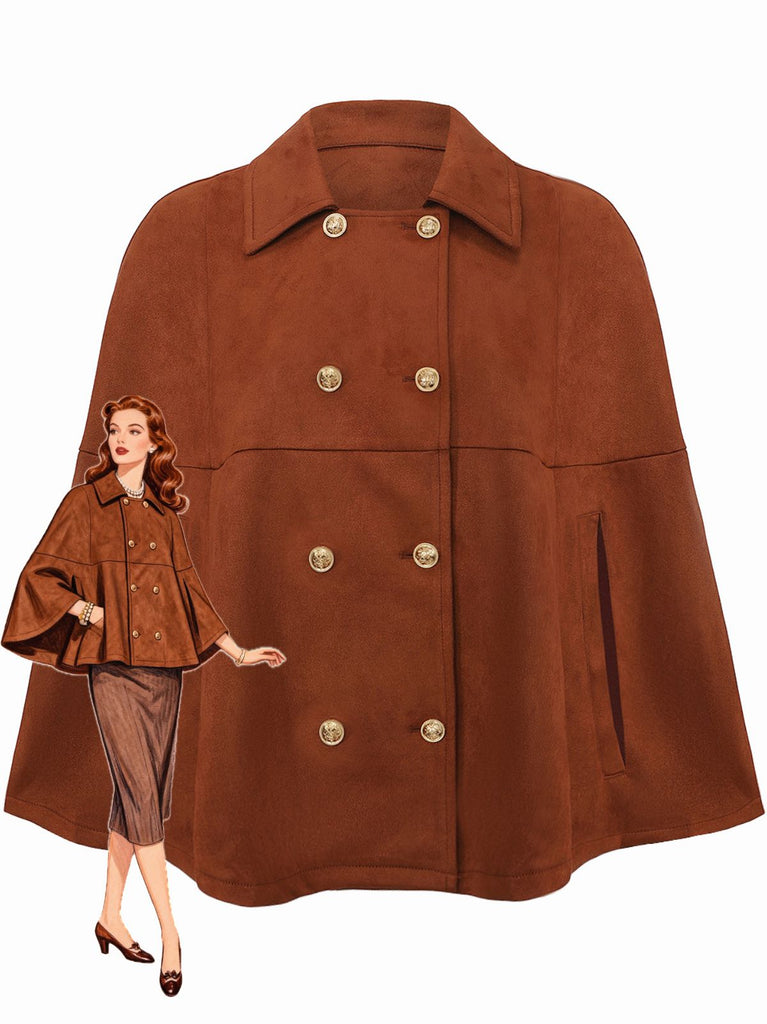 Light Brown 1940s Double-breasted Metal Button Suede Cape - vintage fashion, retro style