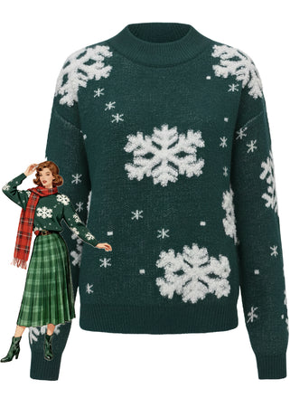 1940s Christmas Fleece-Snowflake Turtleneck Sweater - vintage fashion, retro style