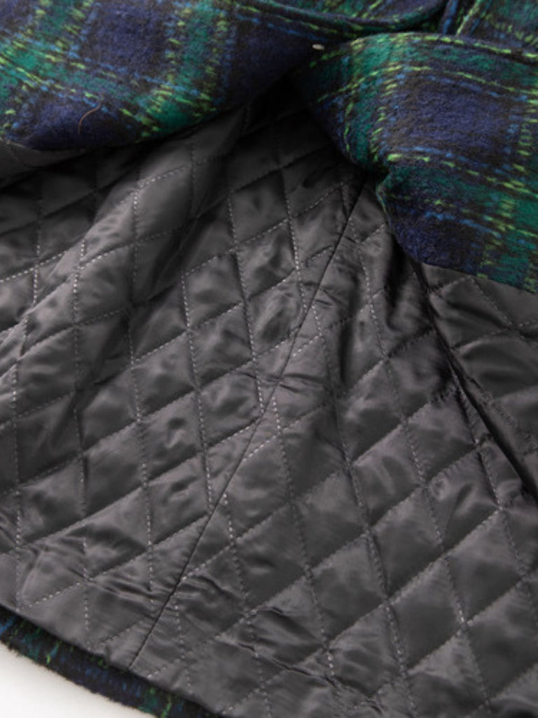 Green 1940s Notched Collar Blackwatch Plaid Long Coat - vintage fashion, retro style, classic black