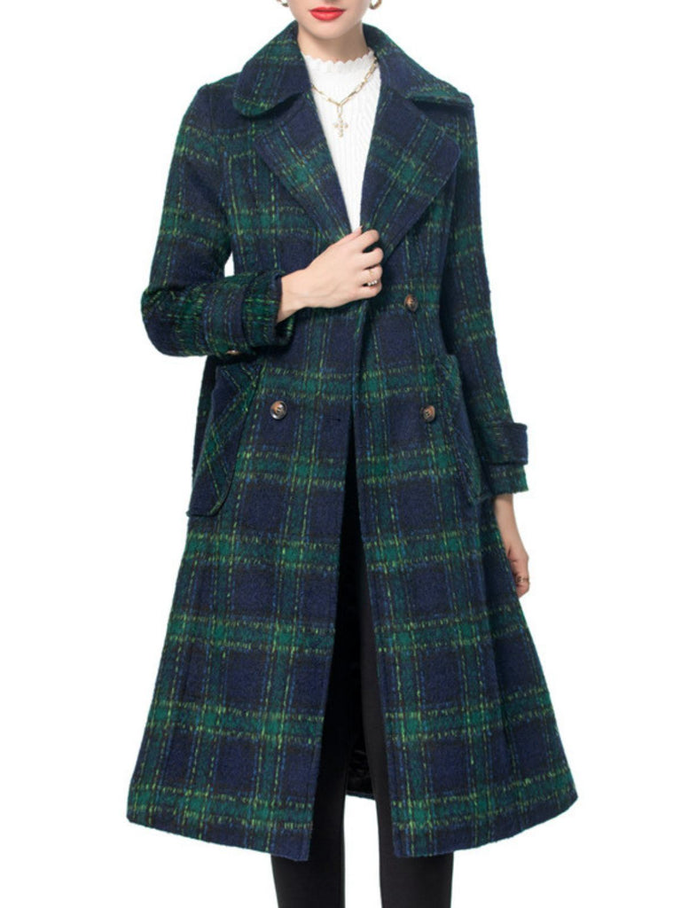 Green 1940s Notched Collar Blackwatch Plaid Long Coat - vintage fashion, retro style, classic black