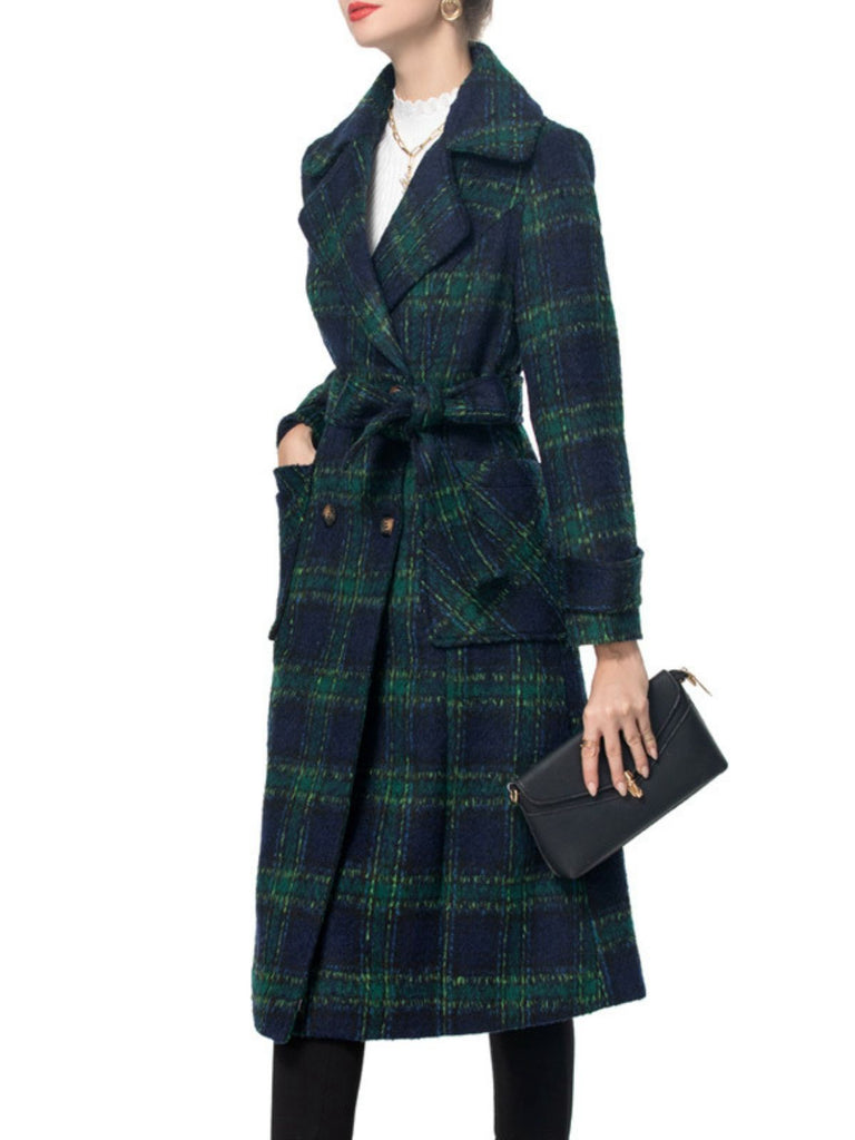 Green 1940s Notched Collar Blackwatch Plaid Long Coat - vintage fashion, retro style, classic black