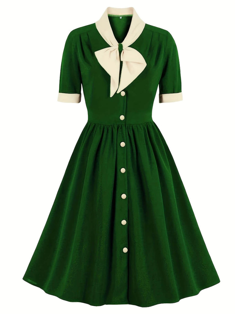 1940s Color Contrast Button Lapel Bow Dress | Retro Stage 1940s Color Contrast Button Lapel Bow Dress | Retro Stage
