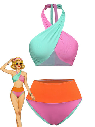 1940s Color-Block Halter High-Waisted Bikini Set - vintage fashion, retro style