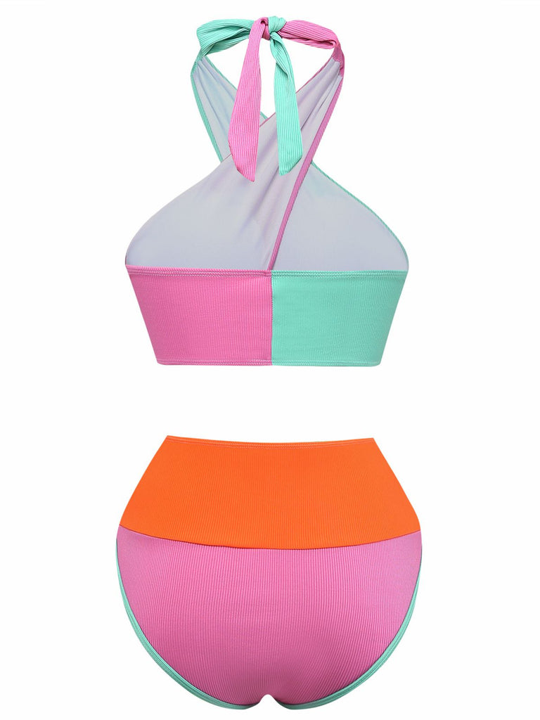 1940s Color-Block Halter High-Waisted Bikini Set - vintage fashion, retro style