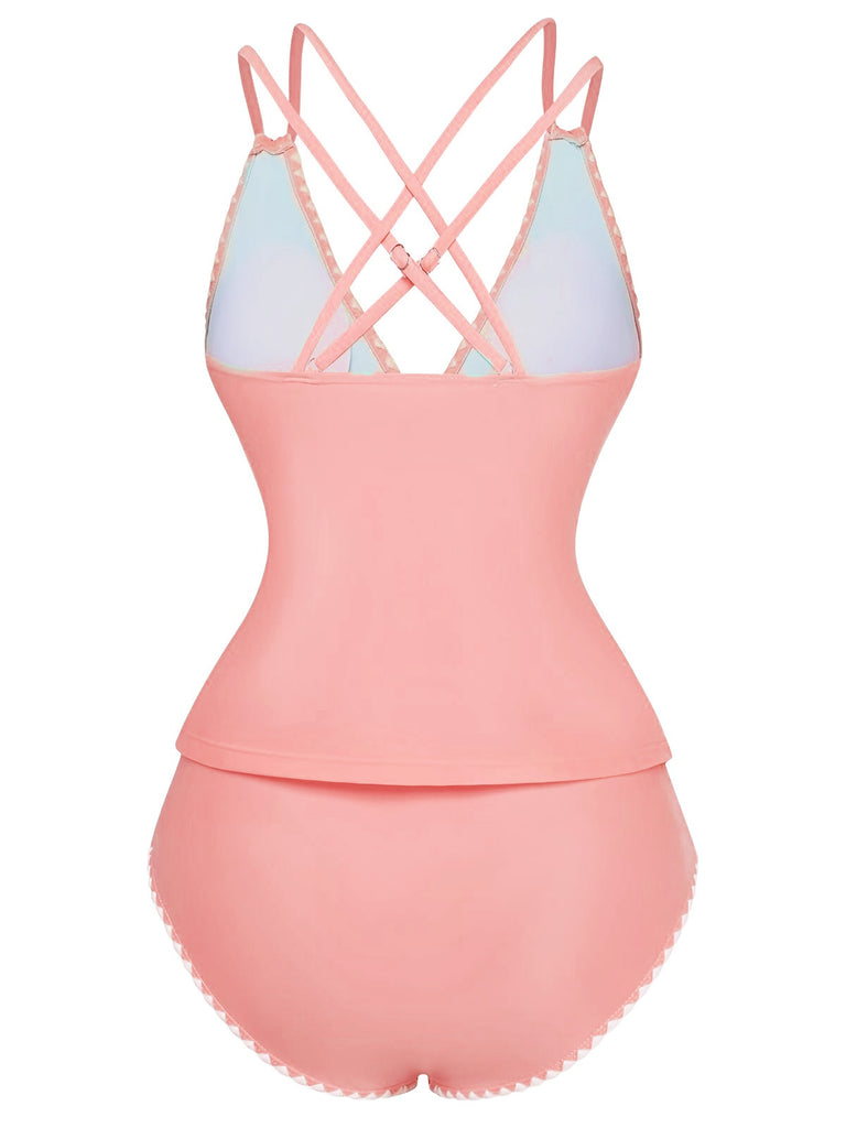 1940s Colorblock Deep V Crisscross Back Tankini Set - vintage fashion, retro style