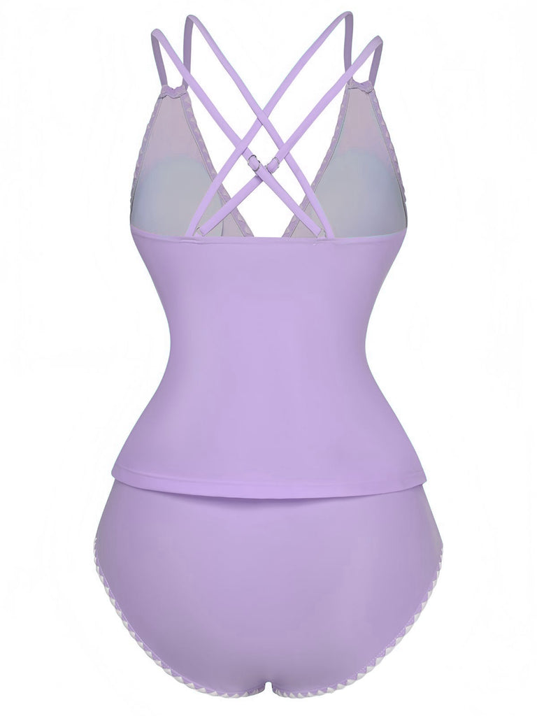 1940s Colorblock Deep V Crisscross Back Tankini Set - vintage fashion, retro style