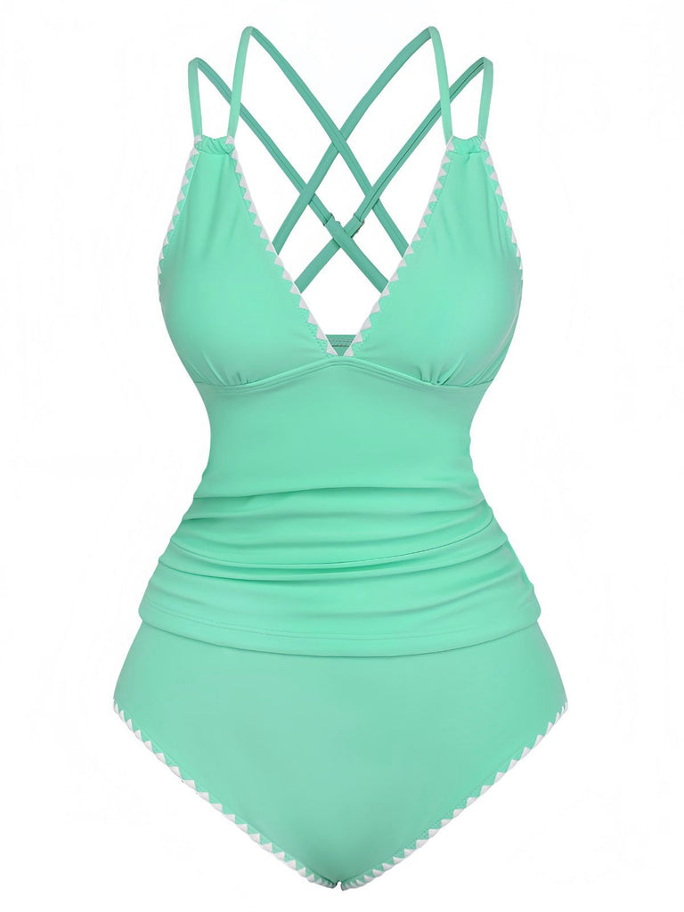 1940s Colorblock Deep V Crisscross Back Tankini Set - vintage fashion, retro style