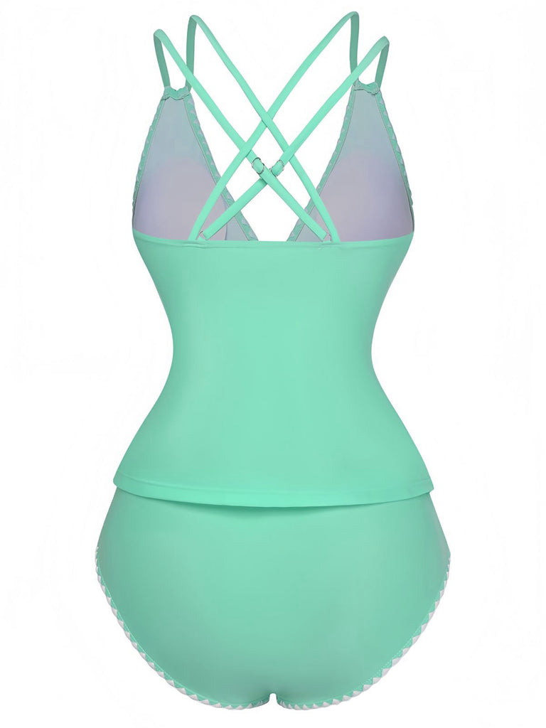 1940s Colorblock Deep V Crisscross Back Tankini Set - vintage fashion, retro style