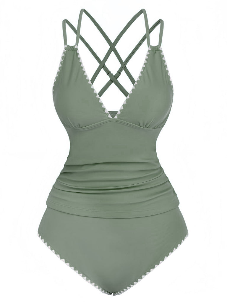 1940s Colorblock Deep V Crisscross Back Tankini Set - vintage fashion, retro style