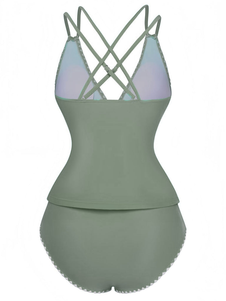 1940s Colorblock Deep V Crisscross Back Tankini Set - vintage fashion, retro style