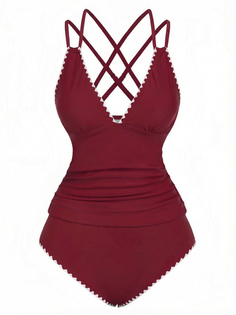 1940s Colorblock Deep V Crisscross Back Tankini Set - vintage fashion, retro style